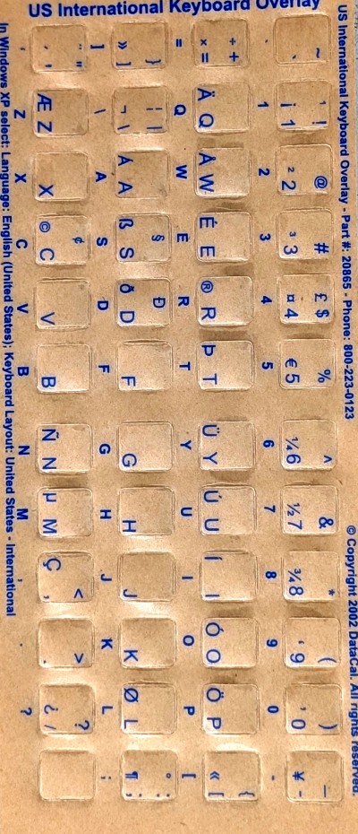 Keyboard Stickers for US International Blue Letters